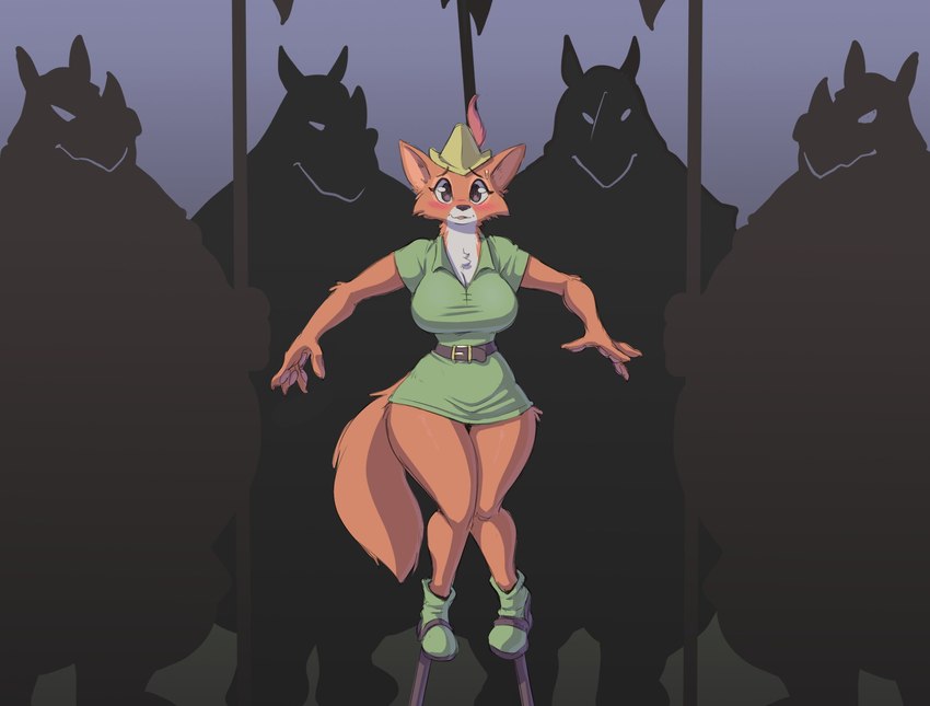 anthro breasts clothed clothing crossgender female fur glush group mtf_crossgender multicolored_body multicolored_fur orange_body orange_fur scene_parody stilts two_tone_body two_tone_fur cooliehigh disney robin_hood_(disney) robin_hood canid canine fox mammal red_fox rhinoceros true_fox hi_res