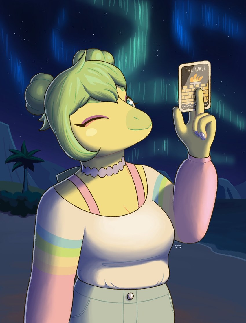 5_fingers anthro aurora_(phenomenon) beach blue_eyes bra_strap card detailed_background eyelashes female fingers green_hair hair long_sleeve_shirt looking_at_viewer night one_eye_closed outside palm_tree plant scales sea seaside short_hair sky solo star starry_sky tarot tarot_card tree water wink winking_at_viewer yellow_body yellow_scales pomi108 goodbye_volcano_high stella_(gvh) dinosaur ornithischian prehistoric_species reptile scalie stegosaurian stegosaurus thyreophoran 2024 digital_drawing_(artwork) digital_media_(artwork) hi_res