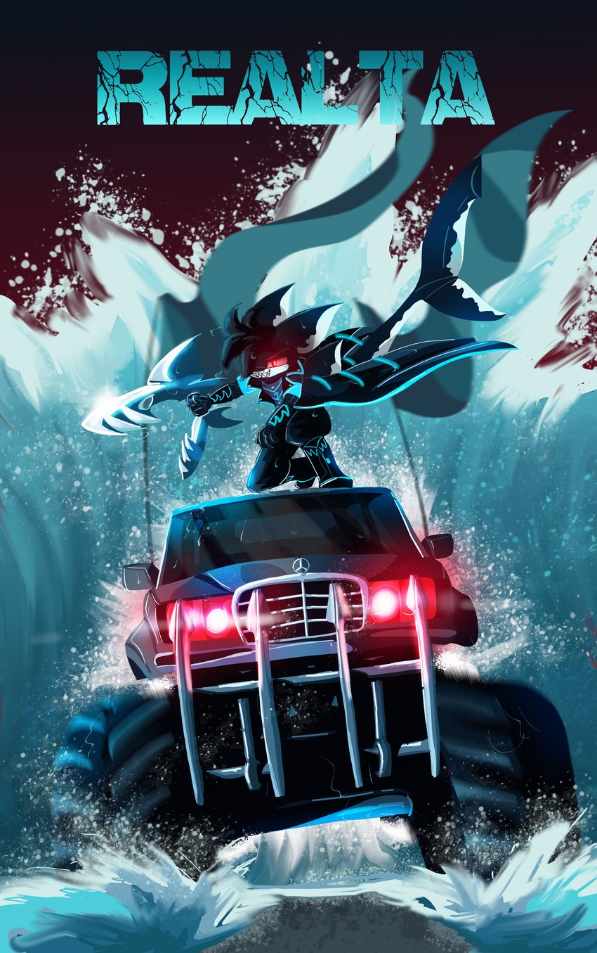 anthro car clothing coat engine flag flag_(object) male monster_truck neon poster poster_template red_eyes sea shark_tail solo storm topwear truck_(vehicle) vehicle water wave weapon realta22 realta fish great_white_shark humanoid hybrid mackerel_shark marine shark white_shark absurd_res color_contrast hi_res