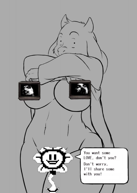 anthro breasts electronics female flower fur paws plant smile television text white_body white_fur veck undertale undertale_(series) flowey_the_flower toriel boss_monster_(undertale) bovid caprine elemental_creature flora_fauna mammal 2015 digital_media_(artwork) english_text hi_res line_art monochrome