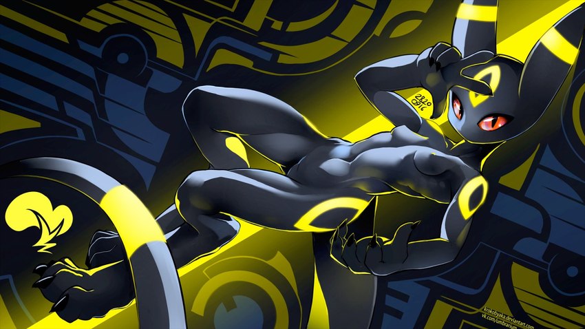 anthro black_body black_claws black_eyes black_fur breasts claws digitigrade featureless_crotch female fur gesture glowing glowing_markings hand_gesture looking_at_viewer markings navel nipple_outline nipples pupils red_sclera slit_pupils small_breasts solo thick_thighs v_sign wide_hips yellow_markings yellow_nipples krokobyaka nintendo pokemon eeveelution generation_2_pokemon pokemon_(species) umbreon 16:9 widescreen