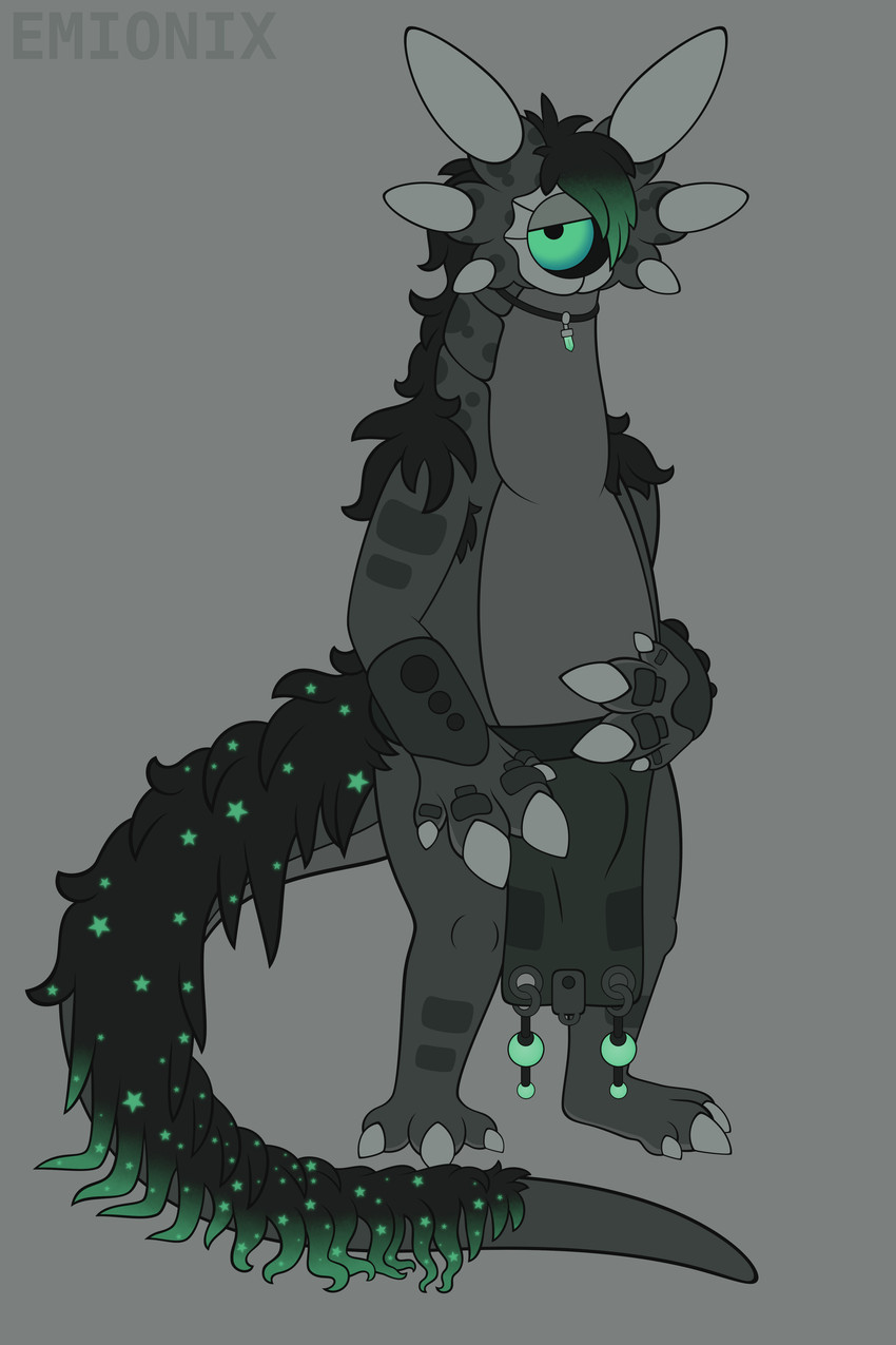1_eye 3_toes 4_fingers 6_ears accessory anthro armpit_hair back_mane bangs big_claws big_hands black_hair black_mane black_sclera body_hair bottomwear bulge claws clothed clothing countershade_feet countershade_hands countershade_torso countershading crystal emo_haircut featureless_chest feet finger_claws fingers front_view green_eyes green_hair green_mane grey_body grey_claws grey_countershading grey_markings hair half-closed_eyes hand_on_belly jewelry lidded_eyes loincloth loincloth_only long_neck long_tail looking_at_viewer male male_anthro mane markings mottled mottled_body mouthless multi_ear multicolored_hair multicolored_mane narrowed_eyes necklace pendant plantigrade scutes semi-anthro solo standing star_polygon tail tail_mane text thick_neck thick_tail three-quarter_view toe_claws toes toony topless two_tone_hair two_tone_mane unusual_ears emionix kesri alien omnilurkerbeast omnitope 2025 absurd_res artist_name digital_drawing_(artwork) digital_media_(artwork) flat_colors full-length_portrait gimp_(artwork) hi_res portrait nonbinary_(lore)