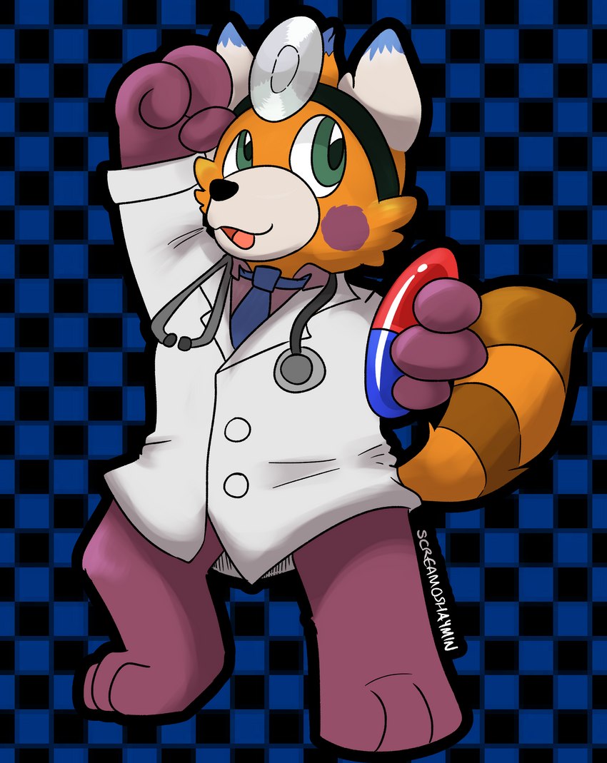 ambiguous_gender anthro black_background blue_background blue_body blue_fur checkered checkered_background cheek_spots clothing coat cosplay dipstick_ears doctor ear_markings facial_markings fur green_eyes head_markings holding_object lab_coat markings medical_instrument multicolored_ears open_mouth orange_body orange_fur pattern_background red_body red_fur scientific_instrument simple_background solo standing stethoscope striped_markings striped_tail stripes tail tail_markings topwear white_body white_fur screamoshaymin dr._mario mario_bros nintendo pokemon auria_jansson dr._mario_(character) bear bewear generation_7_pokemon mammal pokemon_(species) 2022 absurd_res full-length_portrait hi_res portrait signature trans_(lore) trans_woman_(lore)