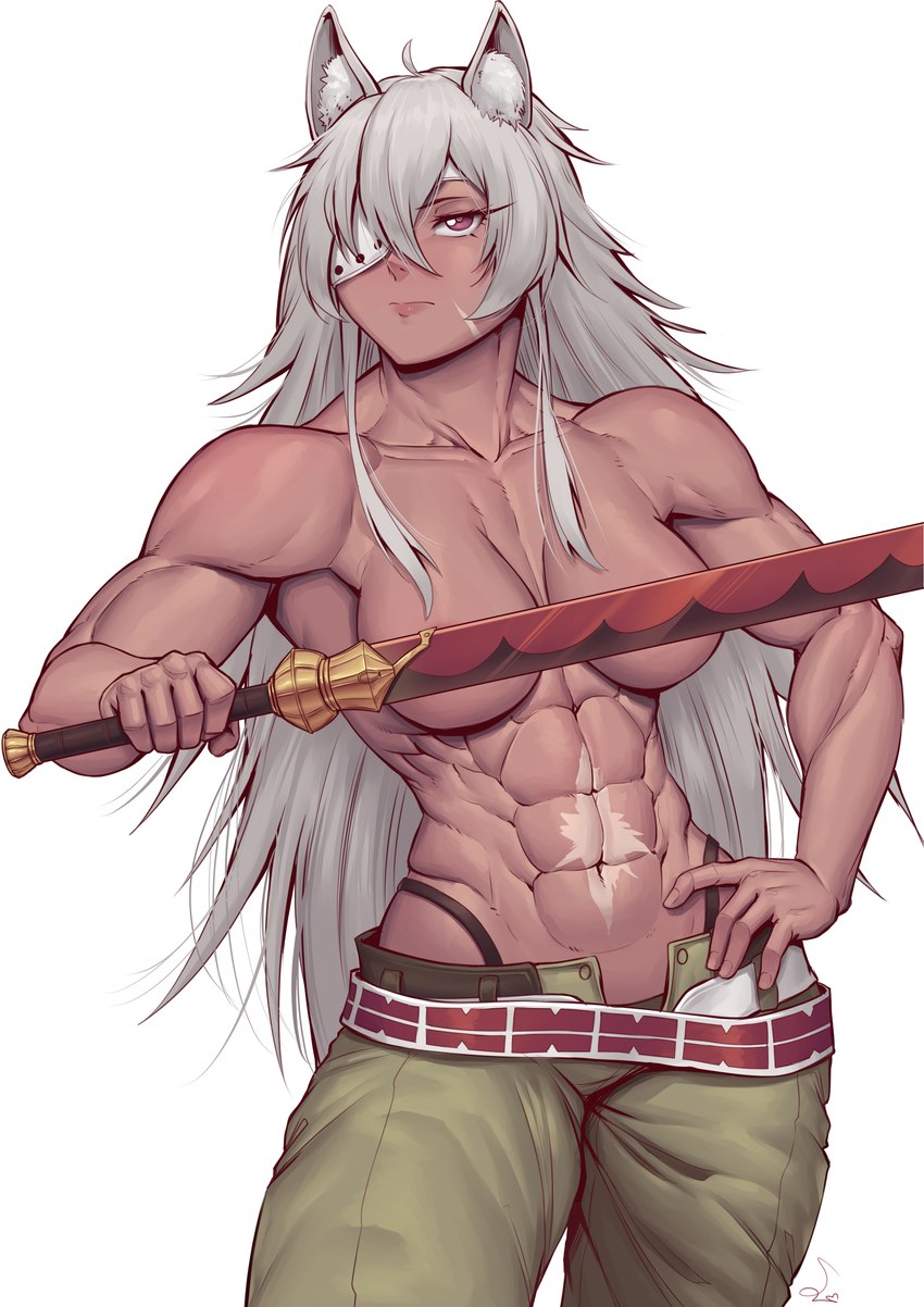 abs bottomwear clothed clothing convenient_censorship deltoids eye_patch eyewear female grey_hair hair melee_weapon muscular muscular_female obliques pants serratus solo sword tan_body tan_skin topless weapon speedl00ver mushoku_tensei ghislaine_dedoldia animal_humanoid cat_humanoid felid felid_humanoid feline feline_humanoid humanoid mammal mammal_humanoid absurd_res hi_res