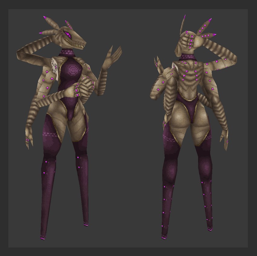 antennae_(anatomy) anthro border butt clothing female flat_chested grey_border hand_behind_head leotard low_poly machine multi_arm multi_limb pegleg purple_eyes raised_hand solo tan_body toothy_grin dtstat adia_shafi_(dtstat) android robot synth_(dtstat) 3d_(artwork) digital_media_(artwork) story story_in_description