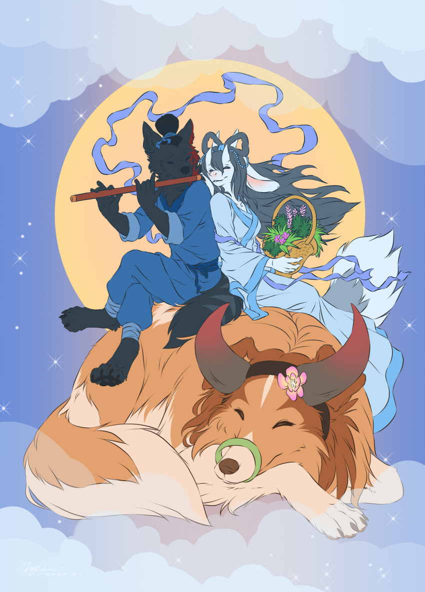 anthro breasts brown_body brown_fur clothed clothing female feral full_moon fully_clothed fur group moon playing_flute playing_music sky skyscape smile hyhlion canid canine canis domestic_dog hybrid mammal wolf 2020 digital_media_(artwork) hi_res