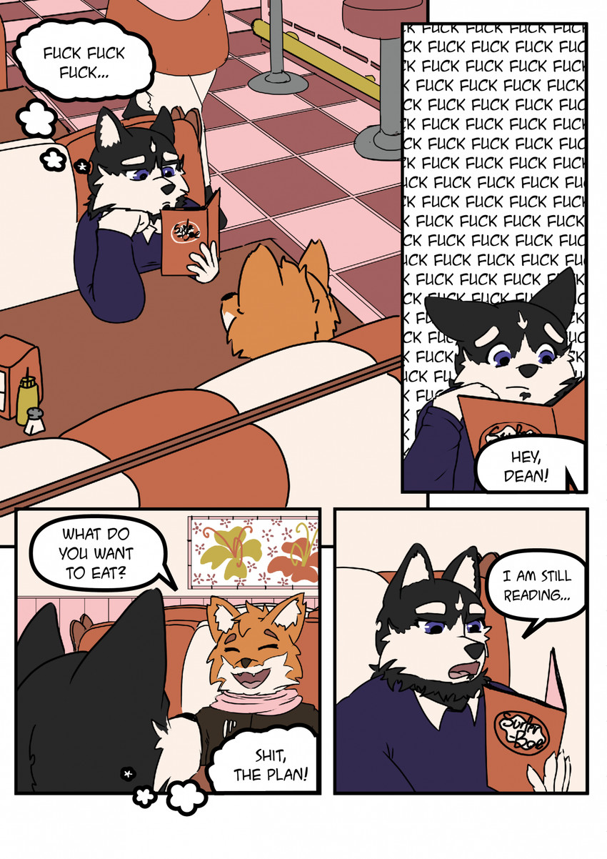 anthro dialogue diner duo love male male/male restaurant romantic romantic_couple speech_bubble text thoughts sagilmito canid canine canis domestic_dog fox husky mammal nordic_sled_dog spitz comic english_text hi_res story