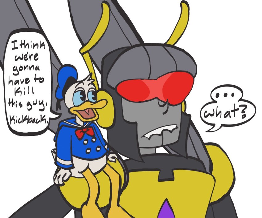 antennae_(anatomy) anthro duo humor insect_wings machine male red_visor sitting_on_shoulder size_difference teeth text visor_eyes wings wavewaveliker disney ducktales hasbro i_think_we're_gonna_have_to_kill_this_guy takara_tomy transformers donald_duck kickback_(transformers) anatid anseriform arthropod avian bird cybertronian duck humanoid insect insecticon robot robot_humanoid 6:5 english_text meme