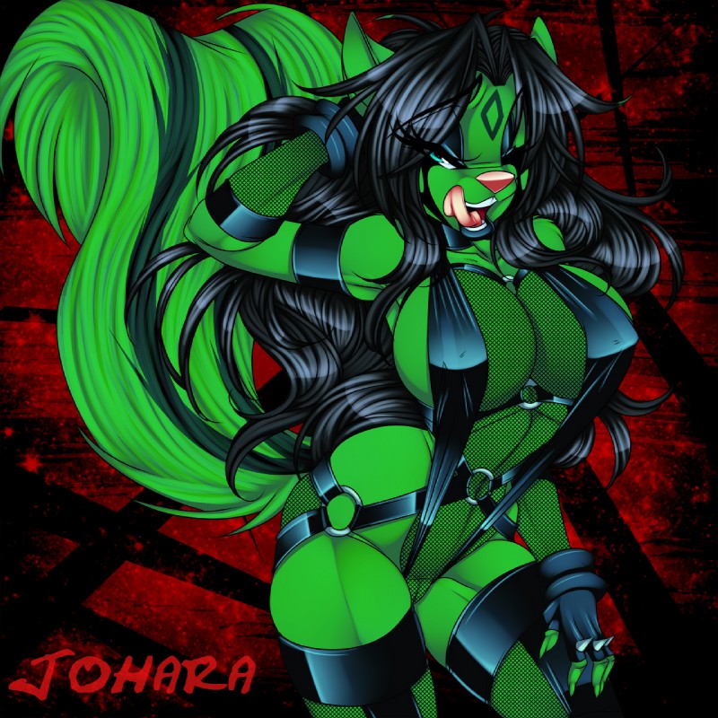 anthro big_breasts black_hair breasts clothing female fishnet_clothing fluffy fluffy_tail fur green_body green_fur hair huge_breasts looking_at_viewer solo tail tongue crystal-for-ever johara_mombasa mammal mephitid skunk 1:1 2012 digital_media_(artwork) hi_res