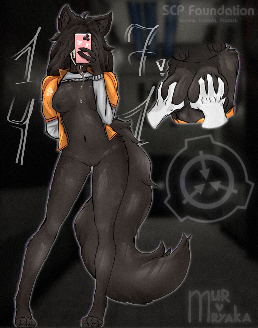 anthro big_breasts black_body black_fur black_hair bodily_fluids bone bottomless breast_grab breasts cellphone clothed clothing clothing_lift disembodied_hand ears_up electronics exclamation_point exposed_breasts female fluffy fluffy_ears fluffy_hair fluffy_hips fluffy_tail fur genital_fluids genitals hair hand_on_breast holding_cellphone holding_object holding_phone holding_smartphone inner_ear_fluff jumpsuit logo navel nipples nude number orange_clothing orange_suit paws phone pink_phone pussy reflection saliva saliva_on_breasts saliva_on_tongue saliva_string scp-1471 shirt shirt_lift skull smartphone solo suit tail thick_thighs tongue topwear tuft undressing vaginal_fluids wet wet_body wet_fur white_clothing white_hands wide_hips mur_mryaka scp_foundation mal0 scp-1471-a ych_(character) canid mammal skulldog_(species) hi_res