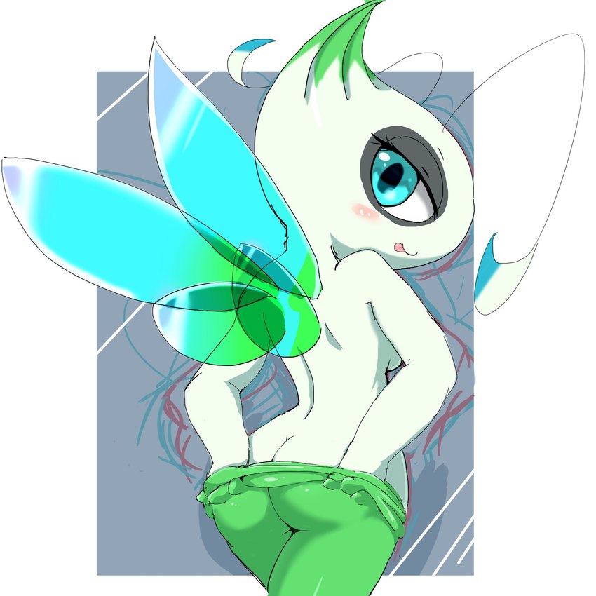 antennae_(anatomy) anthro big_butt blue_eyes blush breasts butt clothed clothing dipstick_hair female glistening glistening_butt hand_on_hip looking_at_viewer looking_back plant rear_view simple_background solo thick_thighs tight_clothing tongue tongue_out undressing wide_hips wings tokemaru nintendo pokemon celebi elemental_creature flora_fauna generation_2_pokemon legendary_pokemon pokemon_(species) 1:1 2022 guide_lines hi_res portrait three-quarter_portrait