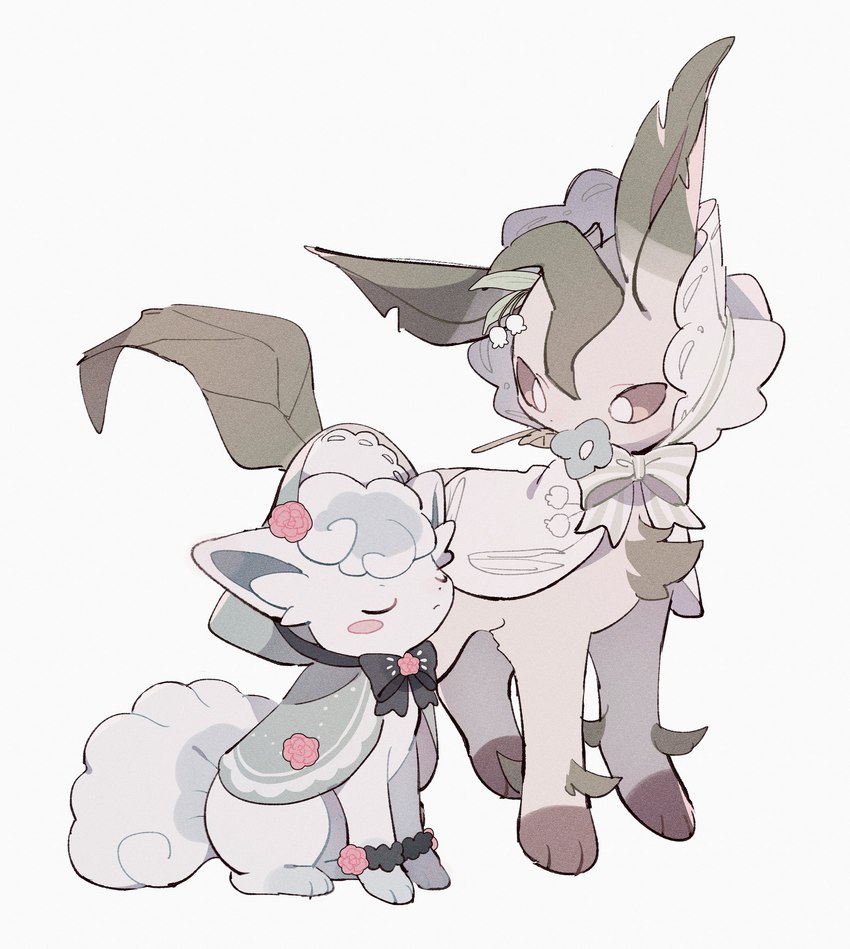 ambiguous_gender clothed clothed_feral clothing duo feral flower_in_mouth omumorning nintendo pokemon alolan_form alolan_vulpix eeveelution generation_4_pokemon generation_7_pokemon leafeon pokemon_(species) regional_form_(pokemon) absurd_res hi_res