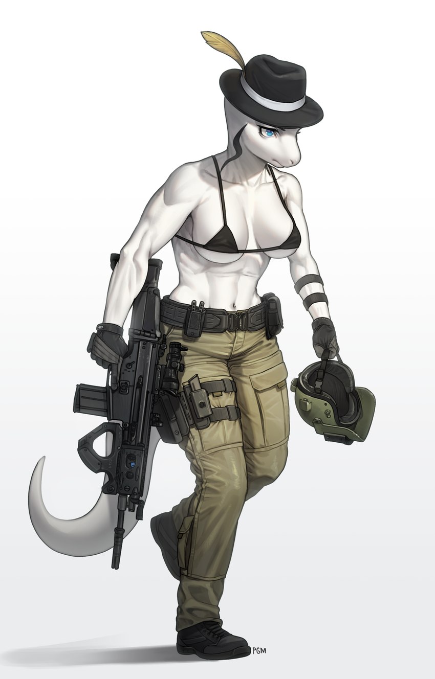 anthro armor athletic athletic_anthro athletic_female bikini bikini_top black_bikini black_clothing black_swimwear blue_eyes bottomwear breasts clothed clothing eyelashes feathers female fingerless_gloves fn_scar glistening glistening_eyes gloves gun handwear hat headgear headwear helmet holding_armor holding_gun holding_headgear holding_helmet holding_object holding_ranged_weapon holding_weapon holster magazine_pouch military_uniform navel pants plantigrade raised_leg ranged_weapon rifle scar-h shadow shirtless simple_background solo standing swimwear two-piece_swimsuit uniform walking weapon white_background pgm300 white_snake_(need4save) reptile scalie snake 2022 absurd_res artist_name digital_media_(artwork) hi_res shaded signature