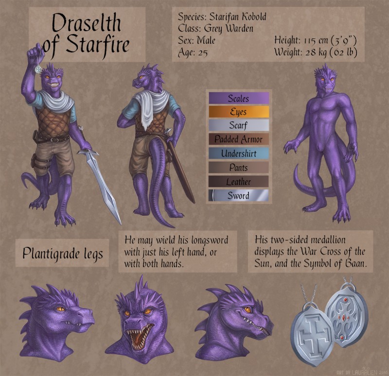 abstract_background animal_genitalia bulge claws genital_slit genitals male medallion melee_weapon nude plantigrade purple_body purple_skin scabbard sharp_teeth solo sword teeth text toe_claws weapon yellow_eyes lauralien draselth kobold scalie english_text model_sheet