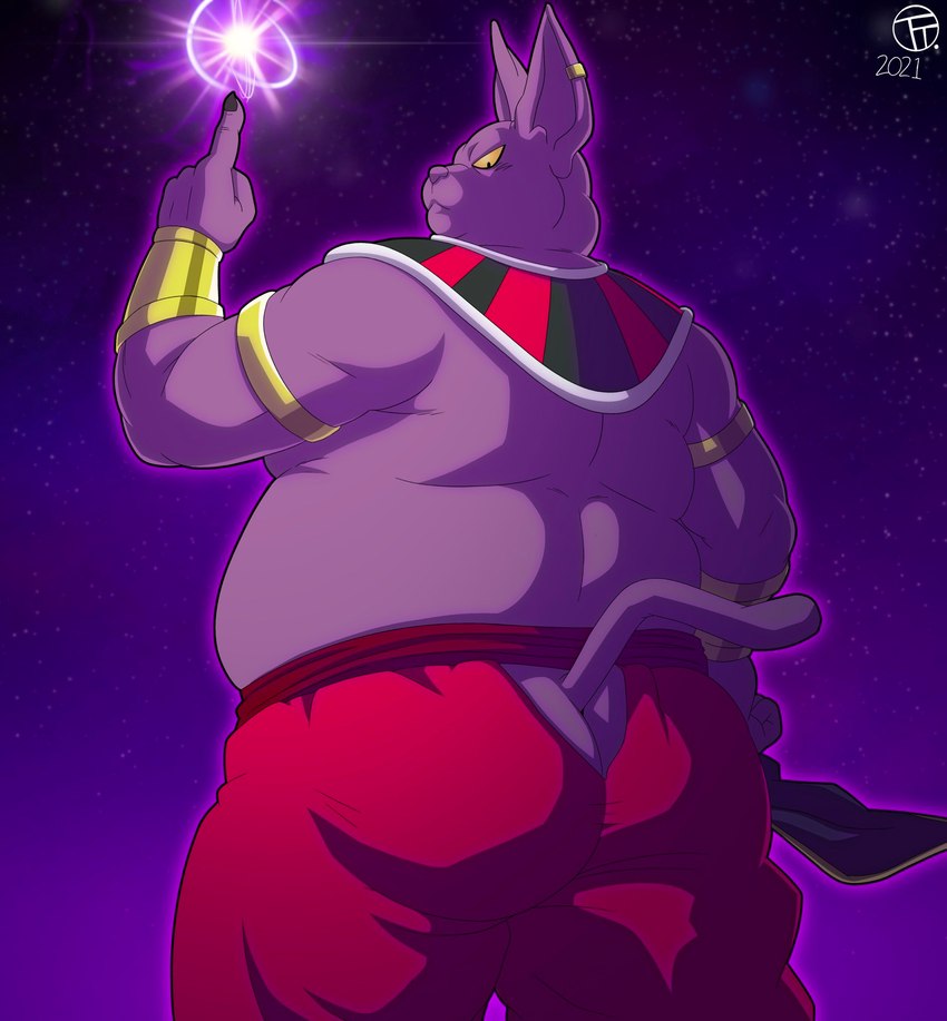 anthro belly butt ear_piercing ear_ring energy_ball gold_(metal) gold_jewelry jewelry looking_back male overweight overweight_anthro overweight_male piercing purple_body rear_view ring_piercing solo trashtoonz dragon_ball dragon_ball_super champa alien domestic_cat felid feline felis mammal hi_res