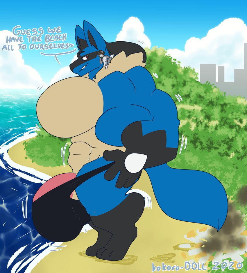 anthro beach big_muscles blue_body blue_fur bulge clothing duo fur genitals grey_body grey_fur huge_muscles hyper hyper_muscles macro male male/male muscular muscular_male penis seaside size_difference speedo swimwear kokoro-doll nintendo pokemon sirus canid canine fox generation_4_pokemon lucario mammal pokemon_(species) hi_res