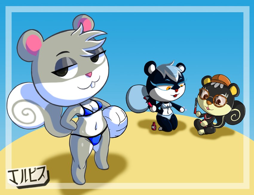 anthro ball beach bikini black_body black_eyes black_fur clothing eyewear female fur glasses grey_body grey_fur group hat headgear headwear orange_eyes sand seaside swimwear two-piece_swimsuit volleyball_(ball) jackintaro animal_crossing nintendo agent_s_(animal_crossing) blaire_(animal_crossing) tasha_(animal_crossing) mammal rodent sciurid tree_squirrel hi_res