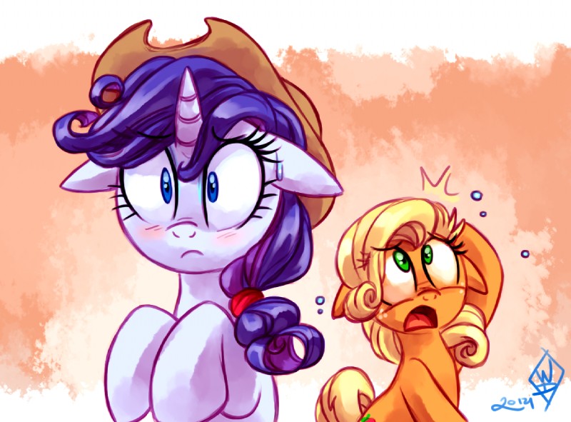 blonde_hair blue_eyes blush duo female feral green_eyes hair horn ponytail purple_hair surprise whitediamonds friendship_is_magic hasbro my_little_pony mythology applejack_(mlp) rarity_(mlp) earth_pony equid equine horse mammal mythological_creature mythological_equine pony unicorn 2014