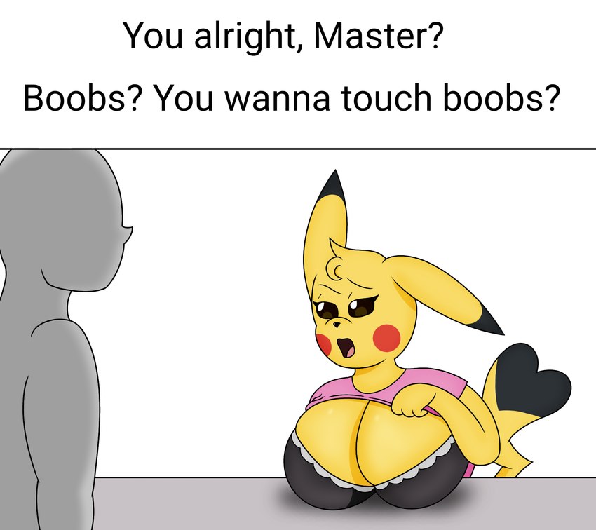 anthro big_breasts bra breasts clothed clothing clothing_lift duo female male master revealing_breasts shirt shirt_lift text topwear underwear bloodred739 boobs?_wanna_touch_boobs? nintendo pokemon generation_1_pokemon human mammal pikachu pokemon_(species) english_text hi_res meme