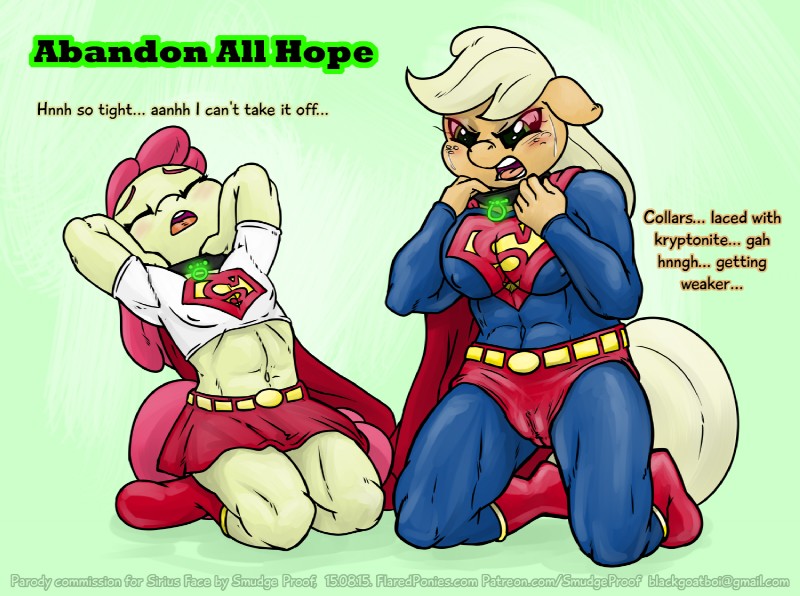 anthro anthrofied camel_toe collar cosplay duo female kryptonite latex nipples superfilly superhero text young smudge_proof dc_comics friendship_is_magic hasbro my_little_pony apple_bloom_(mlp) applejack_(mlp) supergirl superman supermare earth_pony equid equine horse mammal pony crossover digital_media_(artwork) english_text