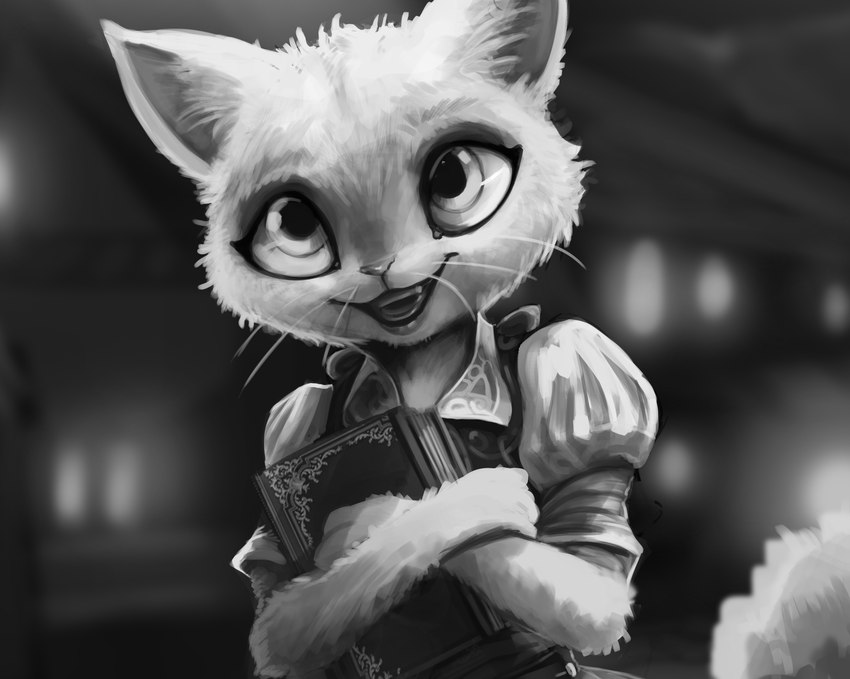 anthro big_eyes book crossed_arms female open_mouth solo tonal_drawing tongue whiskers wugi dreamworks netflix puss_in_boots_(franchise) dulcinea_(puss_in_boots) domestic_cat felid feline felis mammal 2023 greyscale hi_res monochrome