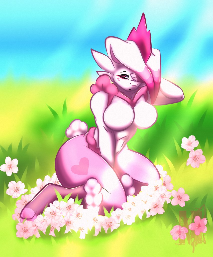 anthro belly big_breasts big_butt big_ears breasts butt cherry_blossom ears_down female flower fur grass heart_(marking) heart_symbol markings outside paws pink_body pink_eyes pink_flower pink_fur pivoted_ears plant prunus_(flower) scut_tail short_tail slim small_waist solo tail thick_thighs wide_hips arts-la-huska nintendo pokemon cindy_(arts-la-huska) cinderace generation_8_pokemon lagomorph leporid mammal pokemon_(species) rabbit absurd_res hi_res