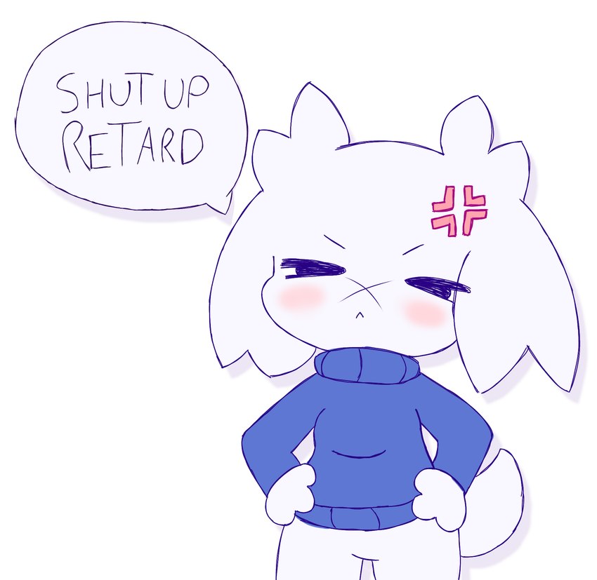 ableist_slur angry anthro blue_clothing blue_sweater blue_topwear blush bottomless clothed clothing cross-popping_vein dialogue female fur hands_on_hips simple_background slur solo speech_bubble sweater text topwear white_background white_body white_fur sodanalan1998 cave_story sue_sakamoto lagomorph leporid mammal mimiga cel_shading digital_drawing_(artwork) digital_media_(artwork) english_text hi_res shaded