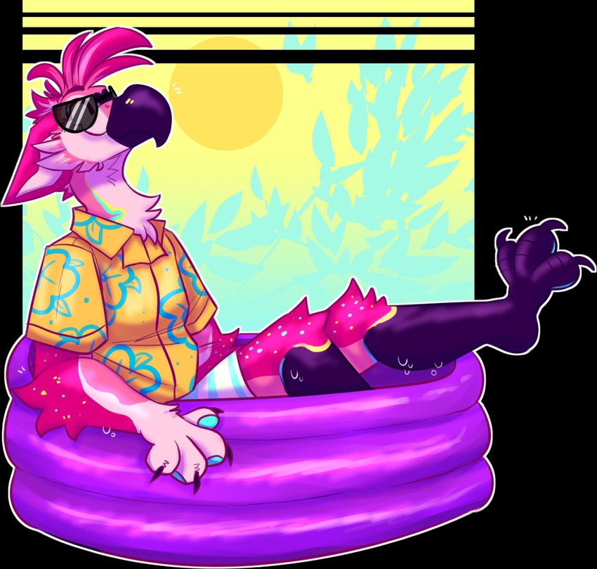 anthro barefoot beak black_beak black_claws blue_pawpads bottomwear claws clothed clothing collared_shirt dripping ears_down eyebrows eyewear feathers feet finger_claws floral_shirt fully_clothed handpaw kiddie_pool male outline partially_submerged pattern_bottomwear pattern_clothing pattern_shorts pawpads paws pink_body pink_feathers pink_inner_ear pivoted_ears shirt shorts sitting solo striped_bottomwear striped_clothing striped_shorts stripes summer sun sunglasses toe_claws topwear water white_outline yellow_clothing yellow_shirt yellow_topwear jaspering avian bird flamingo furby_(species) 2020 alpha_channel clip_studio_paint_(artwork) digital_drawing_(artwork) digital_media_(artwork) full-length_portrait portrait shaded