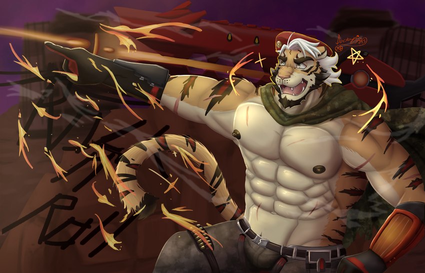 anthro camo camo_clothing camo_print clothing fire fur gun male nipples orange_body orange_fur pattern_clothing pecs ranged_weapon scar smoke solo stripes weapon duckaphion lifewonders tokyo_afterschool_summoners willie_wildcat_(tas) felid feline mammal pantherine tiger hi_res