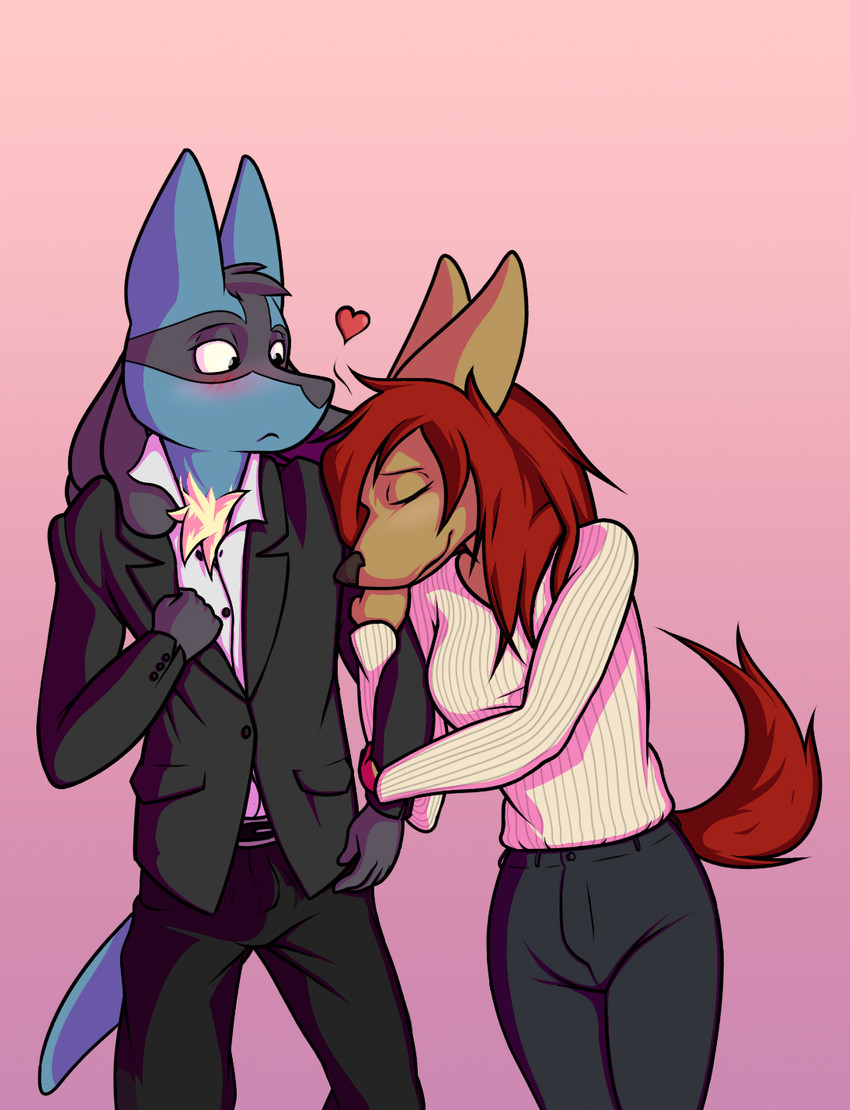 anthro black_nose blush brown_body brown_fur classy clothed clothing cuddling duo ears_back ears_up eyes_closed female fur grey_body grey_fur hair happy heart_symbol hug hugging_arm larger_male love male male/female pivoted_ears raised_tail red_hair romantic romantic_couple shy size_difference smaller_female smile spread_legs spreading standing surprise tail tail_down yellow_body yellow_fur amazinky nintendo pokemon candide_(amazinky) canid canine canis domestic_dog generation_4_pokemon lucario mammal pokemon_(species) wolf hi_res