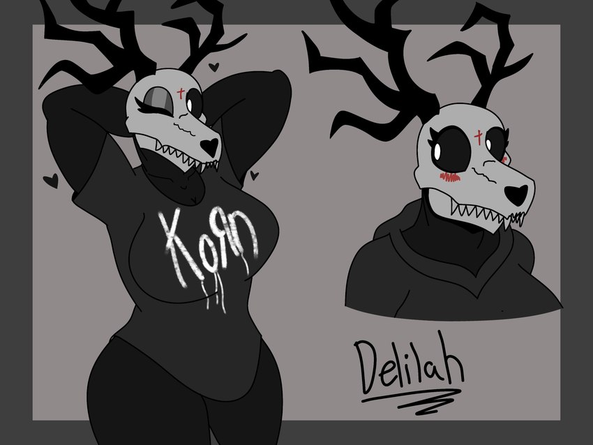 anthro antlers bone breasts clothed clothing female horn shirt simple_background skull skull_head solo thick_thighs topwear enderbendr american_mythology indigenous_north_american_mythology korn mythology north_american_mythology delilah_(endrslendr) mammal monster wendigo 4:3 hi_res