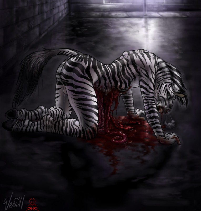 all_fours blood bodily_fluids breath disembowelment gore guts hooves intestines male nightmare_fuel organs pain raised_tail road solo street stripes tail vera_(artist) huru equid equine mammal zebra