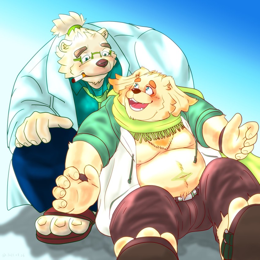 anthro bottomwear clothing duo eyewear glasses hoodie humanoid_hands kemono male necktie overweight overweight_male pants scar shirt sitting smoking topwear nigauritaruto lifewonders tokyo_afterschool_summoners cu_sith_(tas) leib_(tas) bear canid canine canis domestic_dog mammal polar_bear ursine 1:1 2021 absurd_res hi_res