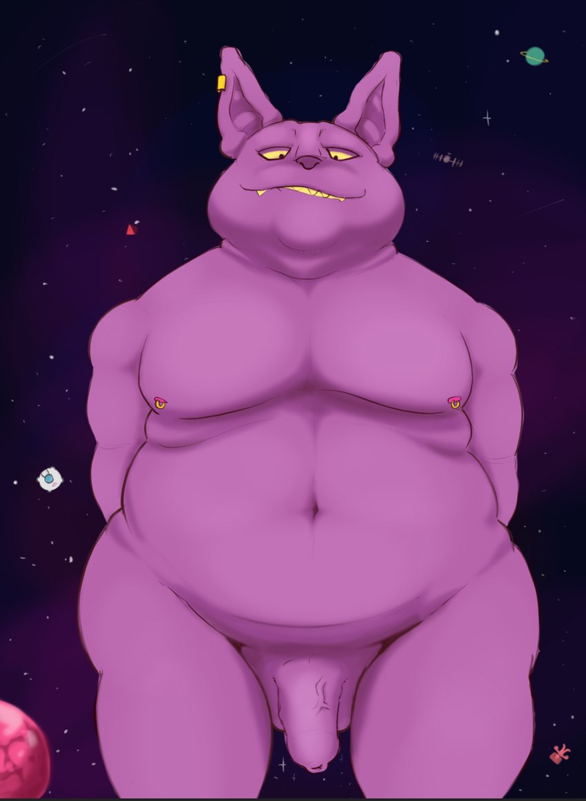 anthro big_butt butt ear_piercing foreskin gem genitals male moobs navel nipple_piercing nipples organs overweight penis piercing planet puffed_cheeks satellite smile smiling_at_viewer smirk smirking_at_viewer solo space spacecraft star stomach thick_thighs vehicle vein veiny_penis lavir dragon_ball dragon_ball_super champa felid feline mammal hi_res