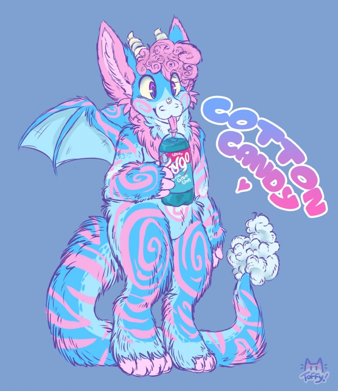 ambiguous_gender anthro beverage candy cotton_candy dessert food fur hair heart_symbol horn purple_eyes soda solo tail text tongue wings toffybeans_(artist) faygo mythology dragon furred_dragon furred_scalie mythological_creature mythological_scalie scalie 2015 english_text hi_res