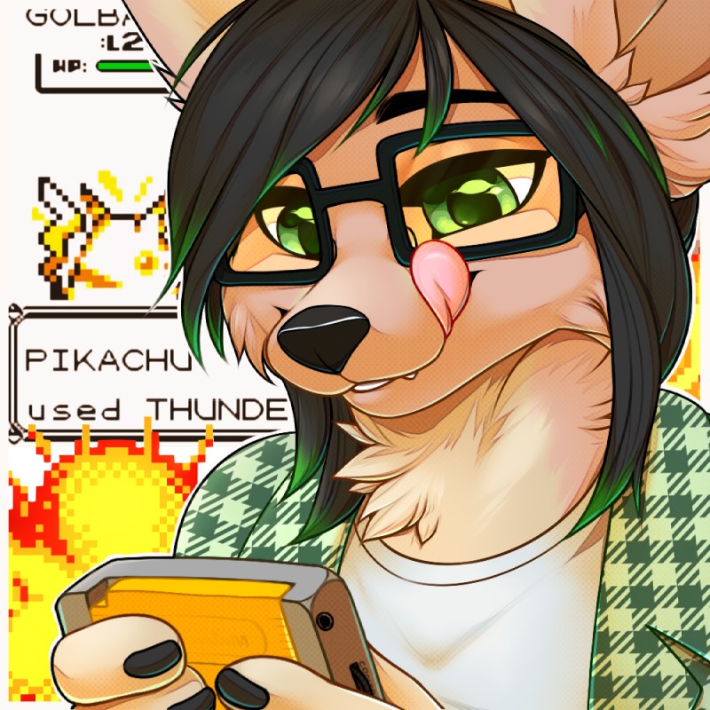 anthro black_nose clothed clothing eyewear feral fur gaming glasses green_eyes playing_video_game smile solo savemekitty nintendo pokemon canid canine fox generation_1_pokemon mammal pikachu pokemon_(species) 1:1 2019 digital_media_(artwork) shaded