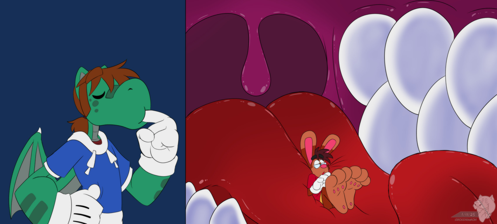 3_toes 4_fingers anthro big_feet big_tongue cartoon_gloves curled_tongue duo feet fingers inside_mouth lying male male/male mawplay on_back pawpads paws red_tongue soft_vore soles sucking_on_fingers toes tongue toony uvula vore whiskers wings crocdragon89 mythology joshua_edgars_(crocdragon89) roderick_(tamerkoh) toon_joshua_edgars_(crocdragon89) dragon lagomorph leporid mammal mythological_creature mythological_scalie rabbit scalie absurd_res alpha_channel hi_res