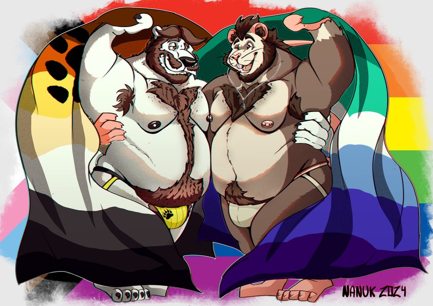 anthro areola armpit_hair bear_pride_colors biped body_hair bulge chest_hair clothed clothing duo facial_piercing flag flag_(object) happy_trail jockstrap jockstrap_only lgbt_pride male male/male male_anthro moobs nipples nose_piercing overweight overweight_anthro overweight_male piercing plantigrade pride_color_accessory pride_color_background pride_color_flag pride_colors progress_pride_colors pubes rainbow_flag rainbow_pride_flag rainbow_symbol simple_background thick_thighs topless underwear underwear_only vincian_pride_colors nanuk_(artist) lgbt_pride_month bear mammal murid murine rat rodent absurd_res hi_res