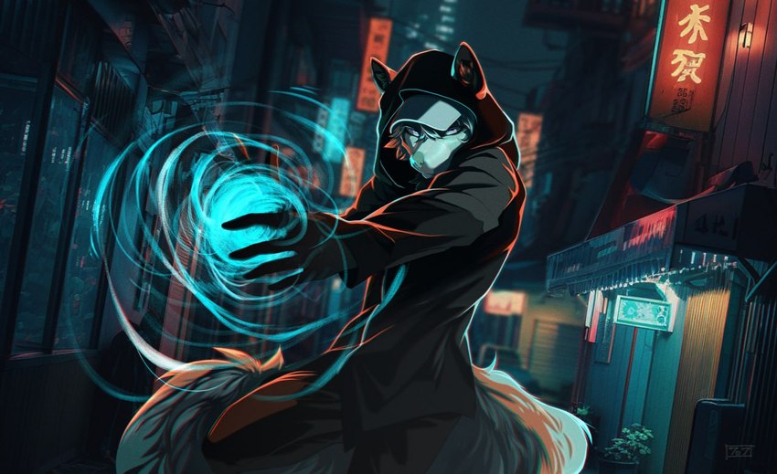 anthro baseball_cap clothed clothing hat headgear headwear hoodie japan looking_at_viewer magic male night outside seven_senku solo text topwear luka_mcneary_(character) ailurid mammal red_panda digital_media_(artwork) japanese_text