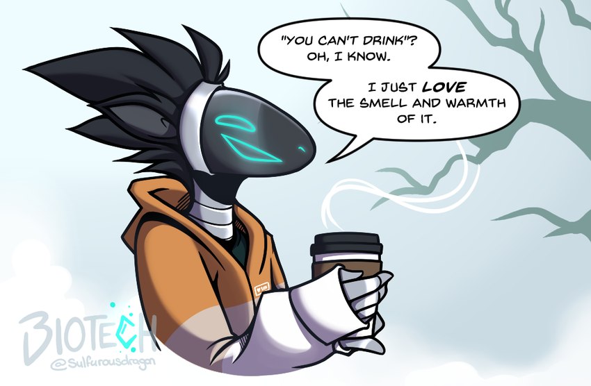 ambiguous_gender anthro black_body black_fur clothed clothing coffee_cup container cup cybernetics day dialogue fingers fur grey_body happy holding_container holding_cup holding_object hoodie machine multicolored_body multicolored_hoodie open_mouth open_smile orange_clothing orange_hoodie orange_topwear outside plant protogen_visor side_view smile solo speech_bubble steam talking_to_viewer text topwear tree white_body white_clothing white_hoodie white_topwear phosphoruscrow cyborg protogen 2023 digital_media_(artwork) english_text half-length_portrait portrait shaded signature soft_shading watermark male_(lore)