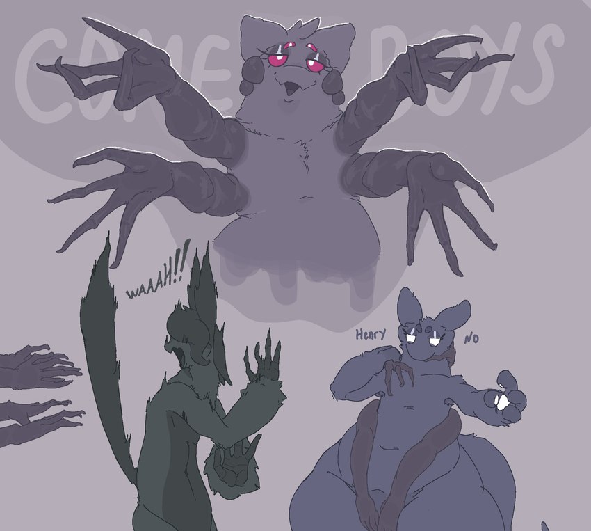 4_arms 4_fingers ambiguous_gender anthro anthro_on_anthro armpit_hair biped black_body black_eyes black_fur black_hair body_hair exclamation_point fingers front_view fur group hair hand_on_crotch long_arms long_fingers looking_down multi_arm multi_limb navel nude open_mouth pawpads purple_sclera questionable_consent raised_tail scared scared_shitless side_view simple_background slim standing surprised_expression tail text thick_thighs trio white_pawpads wide_hips itisd9 dimitry_(itisd) henry_(itisd) owel_(itisd) arachnid arthropod avian bird dimka_(itisd) monster spider 2024 english_text hi_res male_(lore)