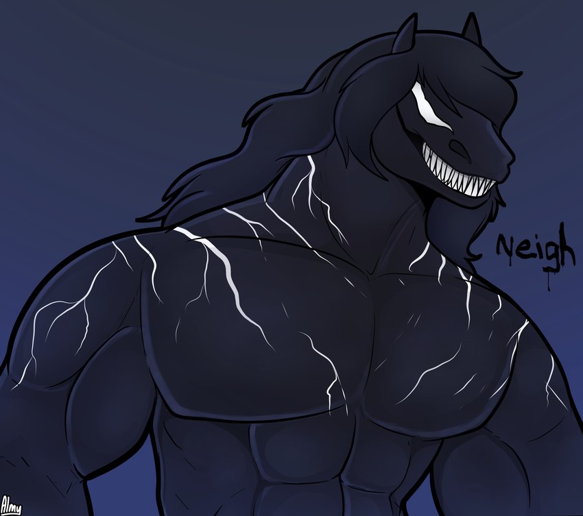 anthro anthrofied black_body black_hair hair long_hair male muscular muscular_male sharp_teeth simple_background smile solo teeth text almy marvel horse_venom venom_(marvel) equid equine horse mammal symbiote absurd_res hi_res