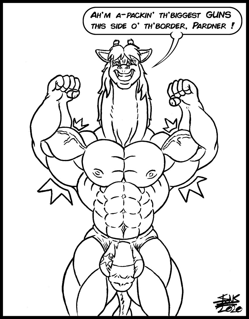 abs accent animal_genitalia animal_penis balls biceps big_balls big_muscles big_pecs big_penis bulge clothing dialogue double_biceps_pose equine_genitalia equine_penis genitals grin long_neck looking_at_viewer male mane muscular muscular_male pecs penis pose smile smug solo speech_bubble speedo swimwear texas_flag text thick_neck us_state_flag skianous danny_leblanc giraffe giraffid mammal english_text hi_res line_art monochrome