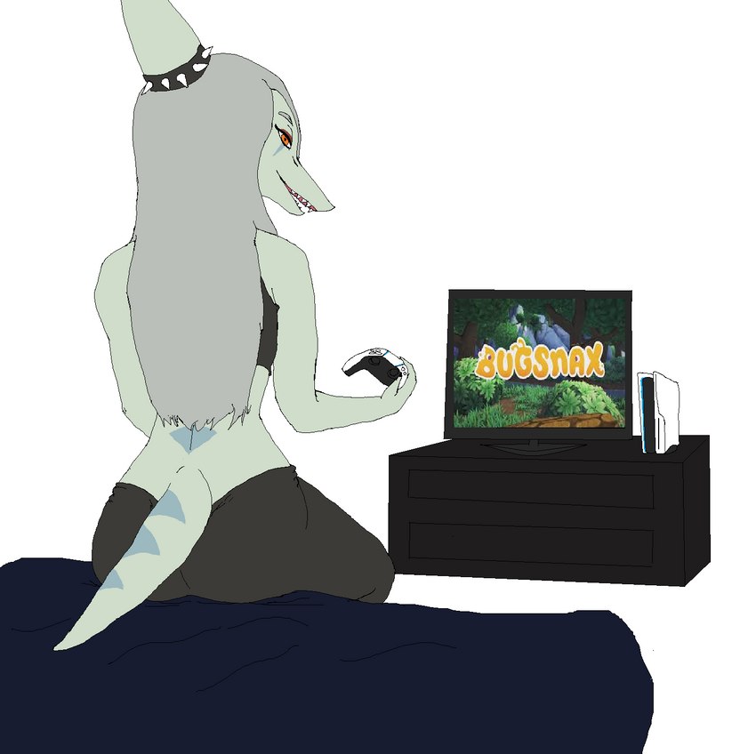 anthro blue_body controller female game_controller gaming grey_hair hair long_hair long_snout ps5_console ps5_controller rear_view sharp_teeth short_tail simple_background sitting snout solo tail tapering_tail teeth white_background unknown_artist bugsnax cavemanon_studios goodbye_volcano_high playstation playstation_5 snoot_game sony_corporation sony_interactive_entertainment young_horses fang_(gvh) dinosaur prehistoric_species pterodactylus pterosaur reptile scalie hi_res