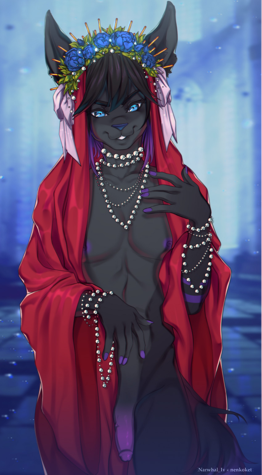 anthro blue_eyes clothing crown femboy hair headgear jewelry male prosthetic purple_hair robe seductive solo tiara narwhal_iv nenkoket suerte deity domestic_cat felid feline felis mammal artist_collaboration hi_res