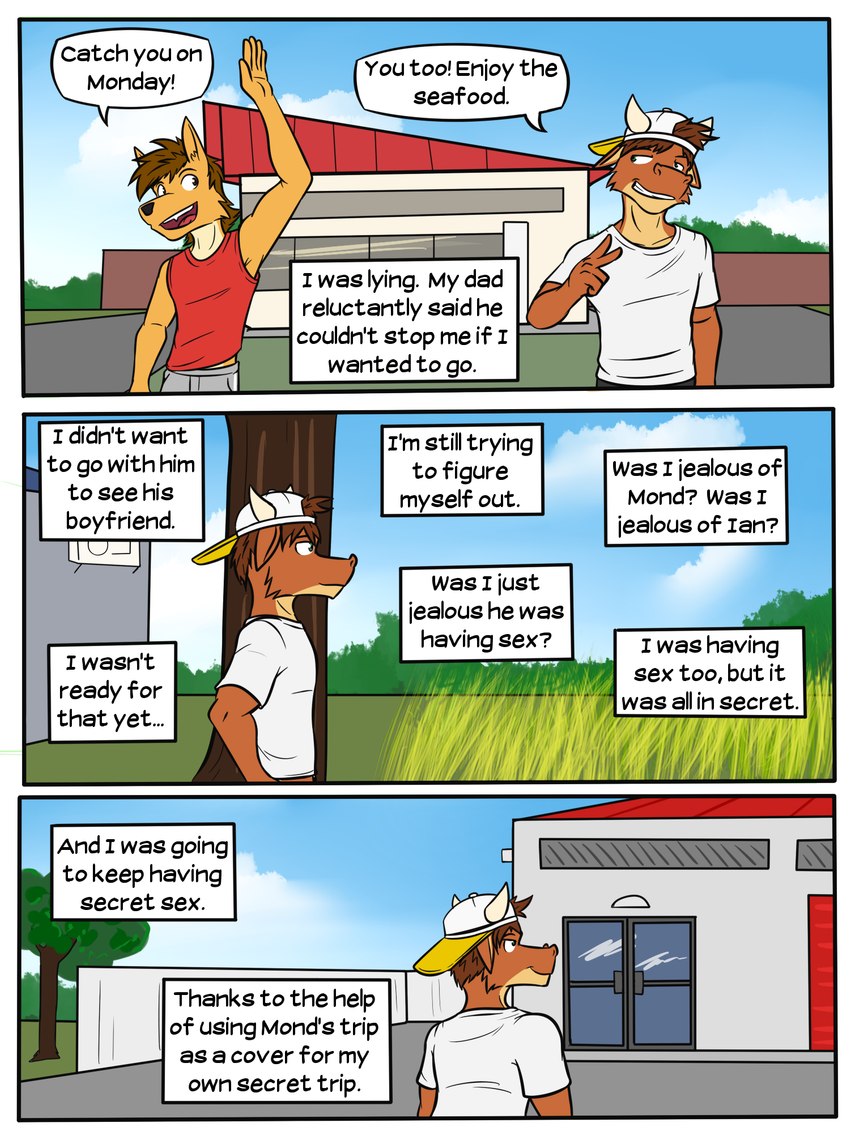 anthro backwards_baseball_cap backwards_hat baseball_cap clothed clothing dialogue duo fully_clothed hat headgear headwear male outside shirt t-shirt tank_top text topwear fuze texnatsu mond_reyes ty_conrad bovid bovine canid canine canis cattle coyote mammal 3:4 comic english_text hi_res