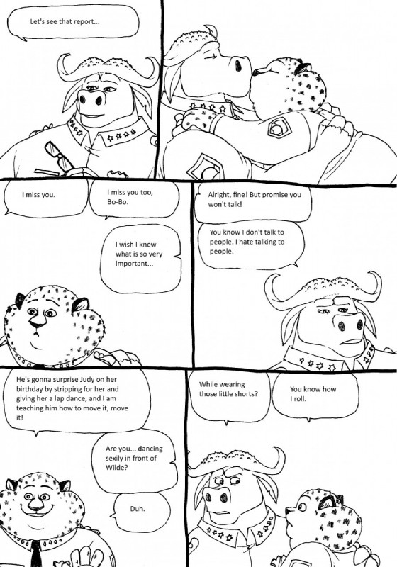 anthro anthro_on_anthro clothing dialogue duo eyes_closed fur horn kissing male male/male notched_ear police police_uniform simple_background smile speech_bubble text uniform white_background bernielover disney zootopia benjamin_clawhauser chief_bogo bovid bovine cape_buffalo cheetah felid feline mammal black_and_white comic english_text hi_res monochrome