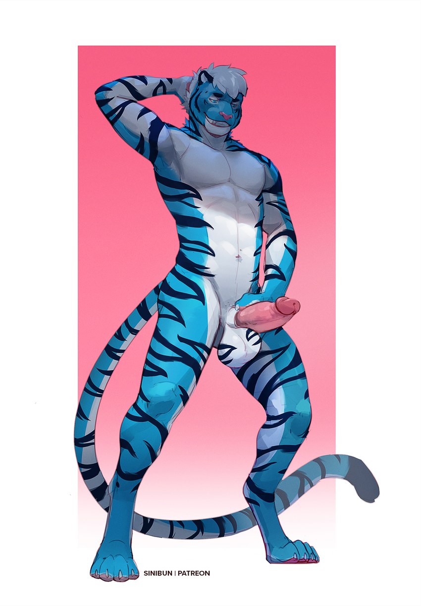 4_toes anthro athletic athletic_anthro athletic_male balls big_penis blue_body blue_eyes blue_fur blue_stripes border claws digitigrade erection feet finger_claws fingers fur genitals gradient_background grey_claws hand_behind_head hand_on_crotch head_tuft humanoid_genitalia humanoid_penis looking_down male multicolored_body multicolored_fur navel nude pawpads paws pecs penis penis_grab pink_background pink_nose pink_pawpads pink_penis pose simple_background smile solo standing stripes teeth text toe_claws toes toothy_smile tuft two_tone_body two_tone_fur white_body white_border white_fur conditional_dnp sinibun_95 patreon blinx_(frostsheep) felid mammal pantherine tiger artist_name hi_res