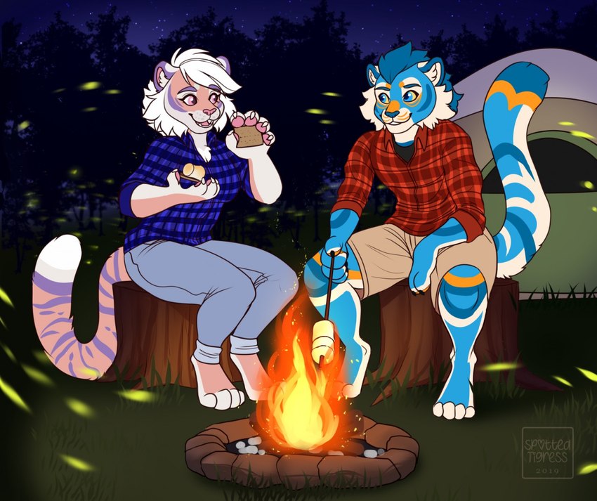 anthro blue_body blue_eyes blue_fur blue_hair campfire candy clothed clothing dessert duo eye_contact female food fur grass hair looking_at_another male markings marshmallow night open_mouth open_smile outside pink_body pink_eyes pink_fur plant purple_markings sitting smile tree white_body white_fur white_hair yellow_markings tiggybloom felid mammal 2019 dated