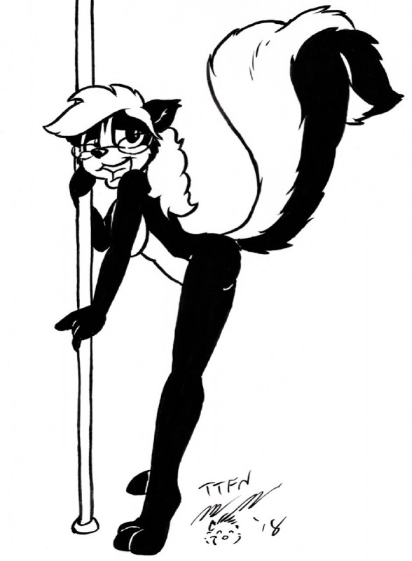 3_toes 4_fingers anthro bent_over biped breasts eyewear feet female fingers glasses looking_at_viewer nude pole side_boob simple_background smile solo standing stripper_pole tiptoes toes david_hopkins mammal mephitid skunk 2018 hi_res monochrome